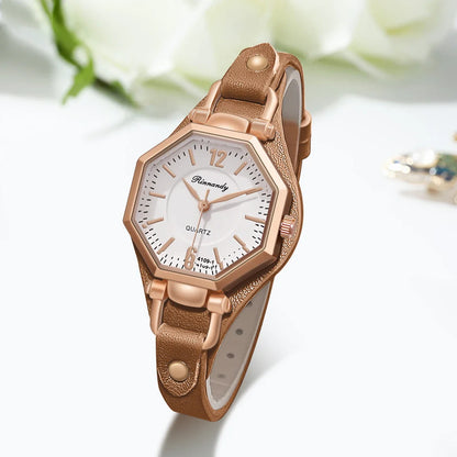 Montre Femme Hexagone Quartz – Bracelet Cuir | Design Unique | Style Fashion & Casual