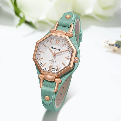 Montre Femme Hexagone Quartz – Bracelet Cuir | Design Unique | Style Fashion & Casual